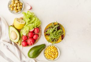Fresh healthy food on a benchtop.