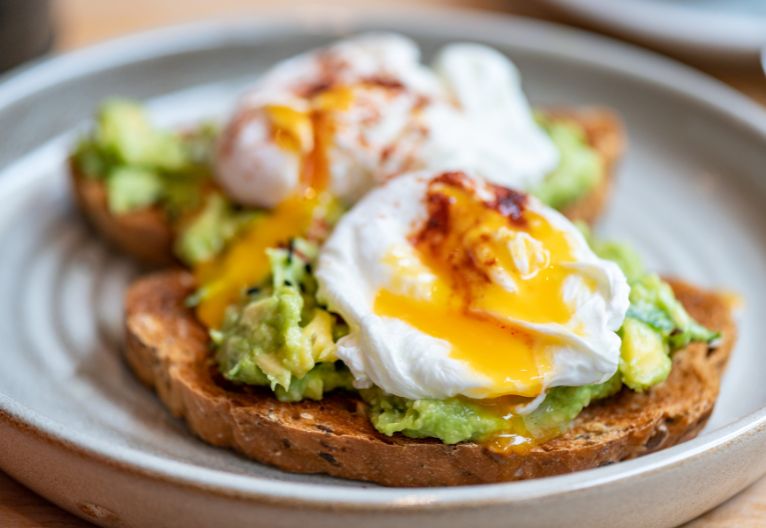 Eggs and avocado on wholegrain toast.