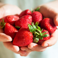 Person holding strawberries.