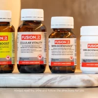 Fusion Health products on a marble tray.